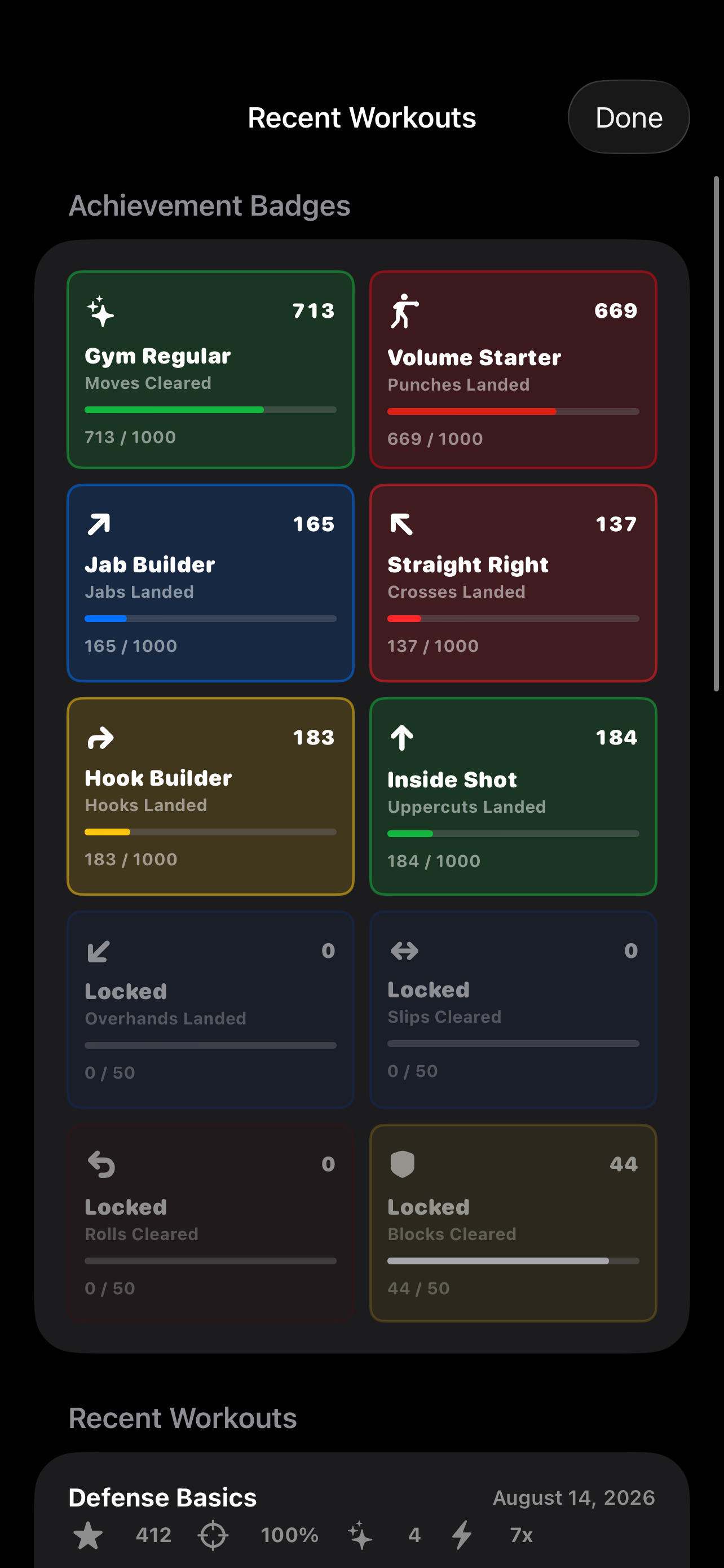 AR Boxing achievements and progress screen