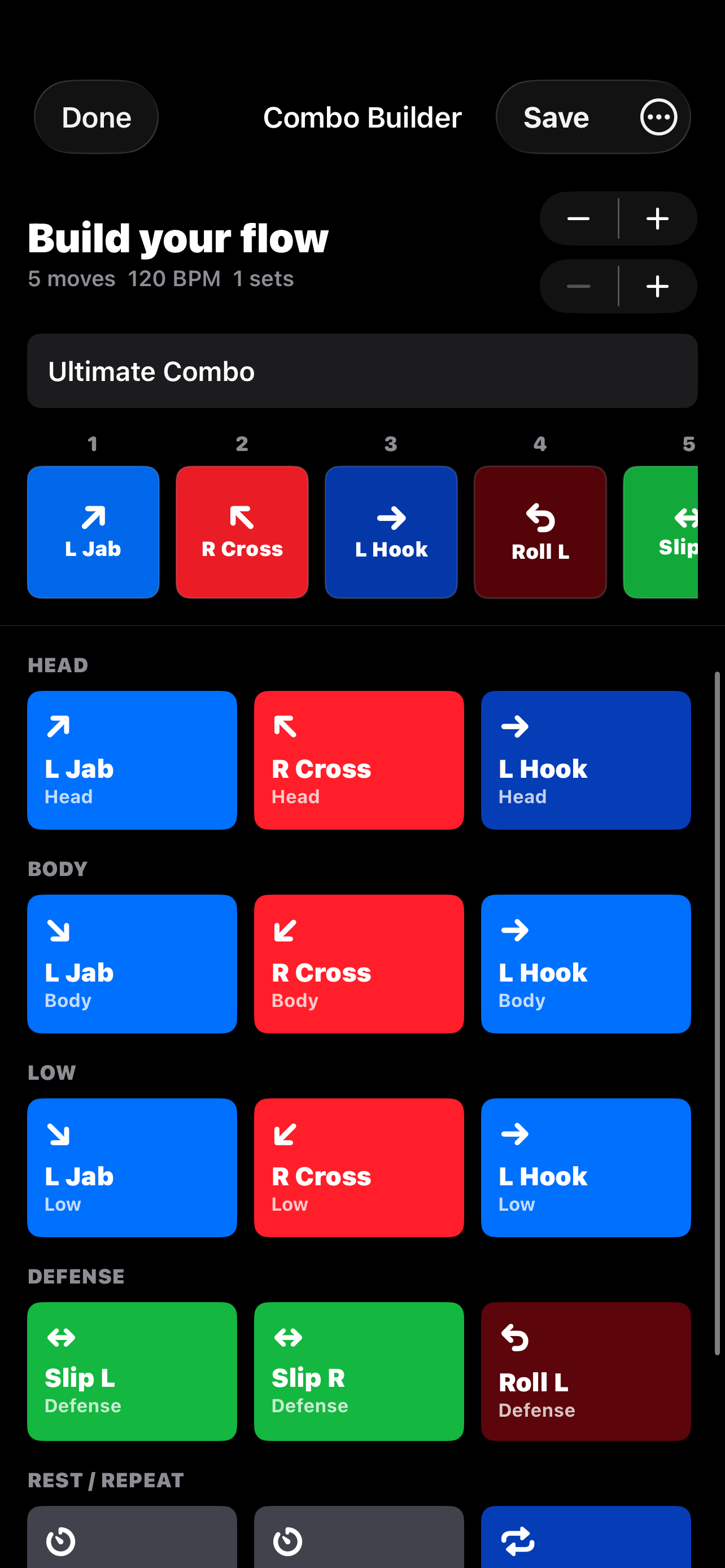 AR Boxing custom combo builder screen