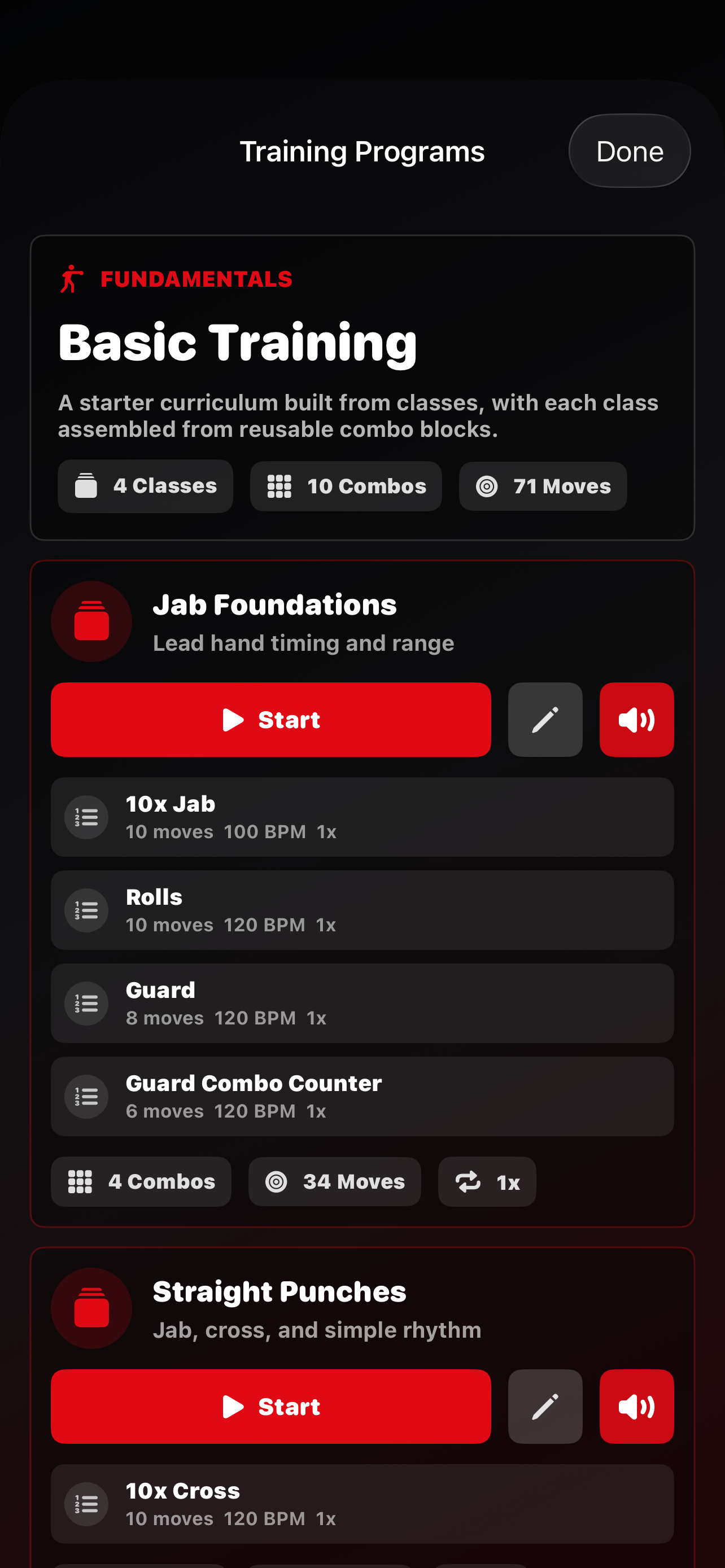 AR Boxing training modes screen